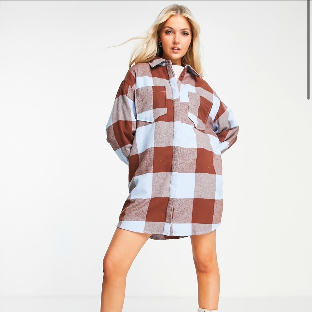NWOT Brown & Blue Checkered Shirt Dress/Long Jacket